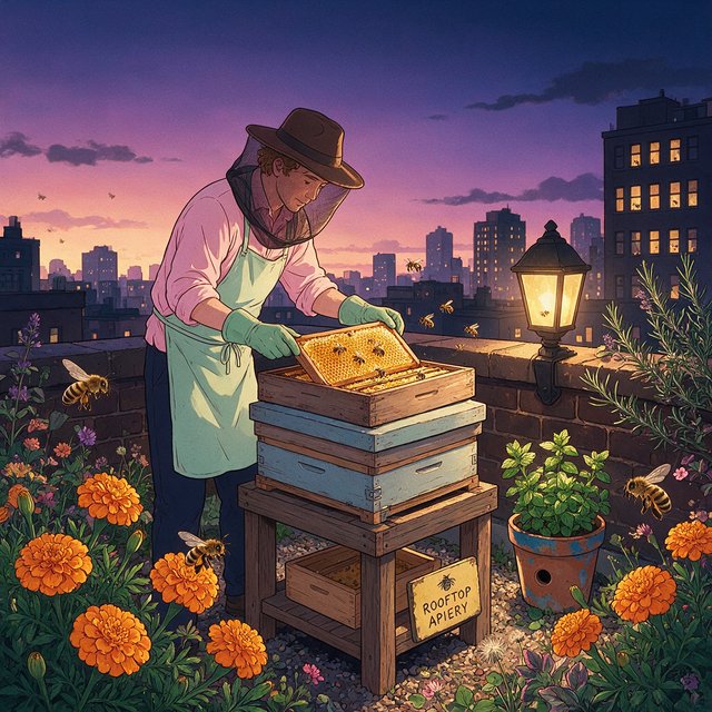 Cel-shaded anime illustration of an adult rooftop beekeeper tending lively hives among marigolds and herbs at dusk, with bees drifting past distant windows. Palette of saffron, violet, mint, and midnight blue, crisp contours and gentle gradients. — Seedream 5.0 Pro