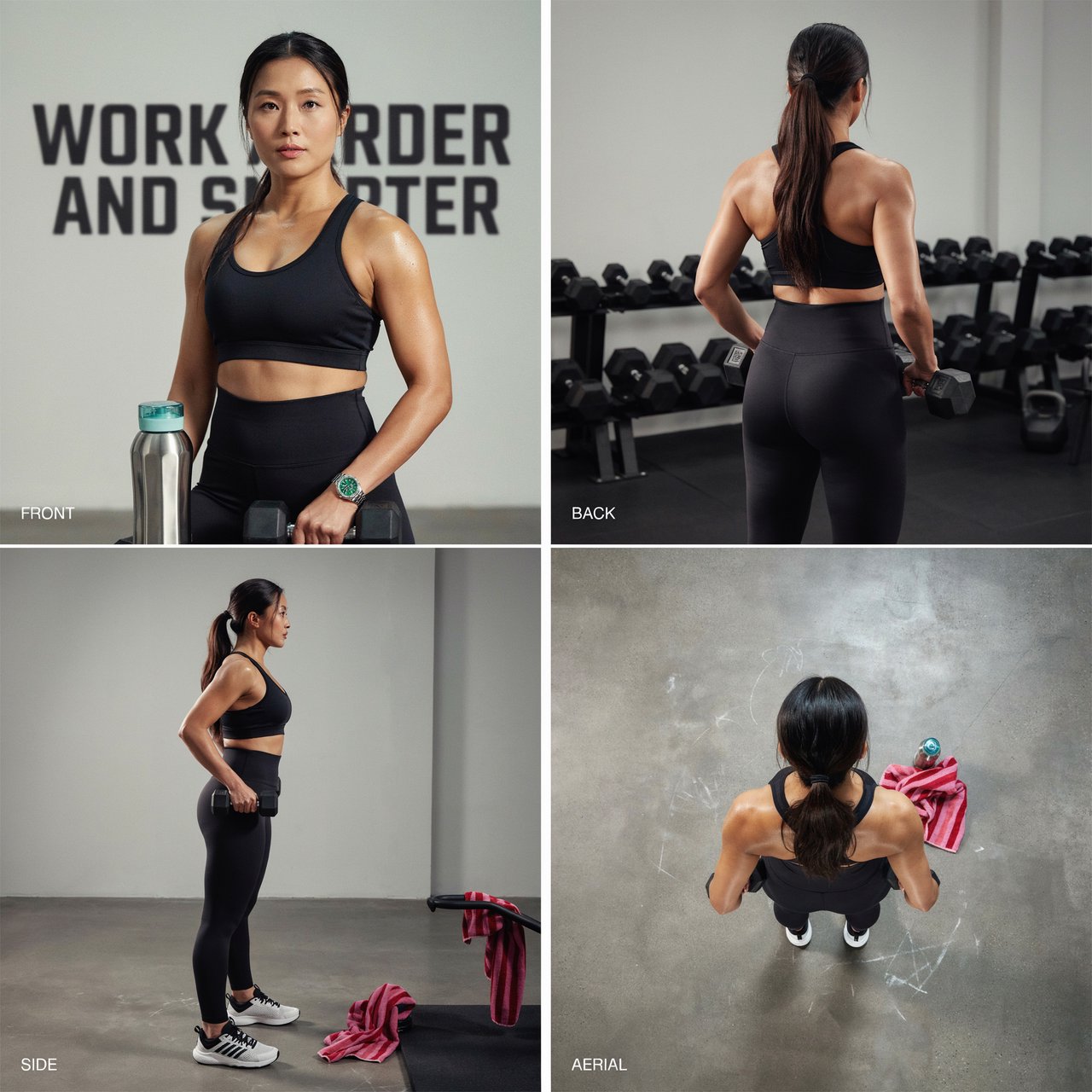A pretty adult mixed-race woman of Korean and Black heritage, wearing fitted gym wear. Scene: a heavy workout with sweat. POV: full front, back, side, and aerial views. Near her are a unique-looking water bottle, a diamond green watch, a pink and red towel, and text in the background that says “Work harder and smarter”. — Ideogram v4