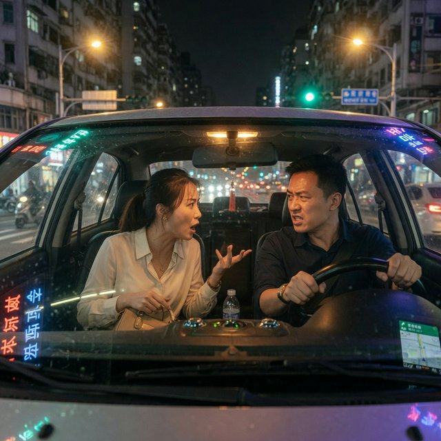 Frontal cinematic shot through the windshield of a car driving at night. A 35-year-old Chinese man is in the driver’s seat, gripping the steering wheel and arguing back in visible frustration. Beside him, a 30-year-old Chinese woman in the front passenger seat is nagging him animatedly, gesturing as she speaks. Both are clearly engaged in a tense argument. Nighttime city lights and passing streetlights glow outside, with reflections across the windshield and realistic interior lighting. — Grok Imagine Image Quality