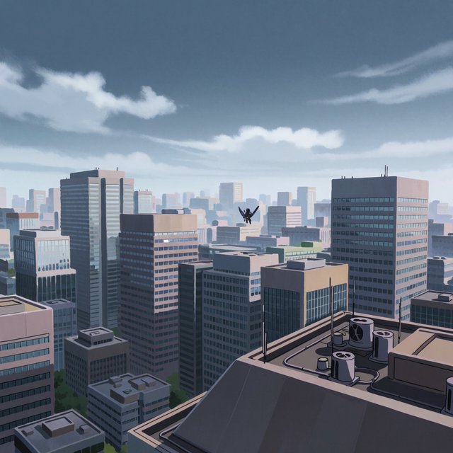 Clean cel-shaded painted cityscape, wide high-angle elevated rooftop level shot looking out over dense modern downtown office buildings, small dark winged figure hovering above central midground rooftops, pale overcast deep blue sky with wispy white clouds, diffused even daylight lighting with soft subtle ambient shadows, muted cool grey, beige, blue building facades with uniform office windows, flat concrete building rooftops, receding hazy distant city skyline with atmospheric perspective, eye level relative to building tops, no outlines, smooth flat color rendering, no grain. — Krea 2 Medium