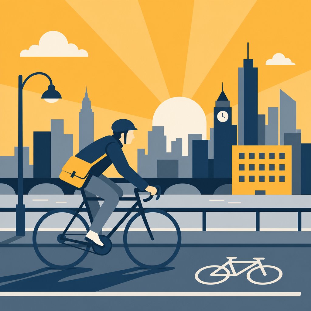Flat vector illustration of a cyclist commuting through a city at sunrise, limited palette of five colours, geometric shapes. — GPT Image 2