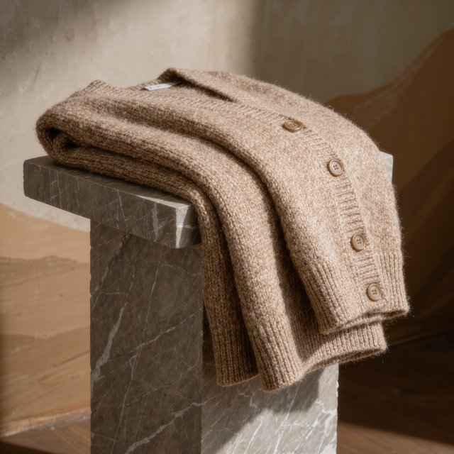A folded unbranded merino cardigan rests on a honed limestone plinth, its chunky ribbed wool surface softly catching broad overhead diffusion and warm side bounce against a muted clay backdrop, with no tags, lettering, or graphics. — Kling v3 Omni