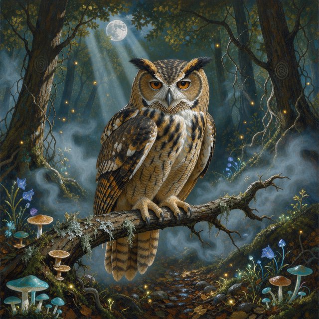 A majestic owl with ancient, knowing eyes perched on a gnarled branch within an ethereal forest. Moonlight filters through the dense canopy, illuminating swirling mists and glowing flora. The scene evokes a sense of deep mystery and ancient magic. Rendered in the style of magical realism with rich oil painting textures. — FLUX 3 Image