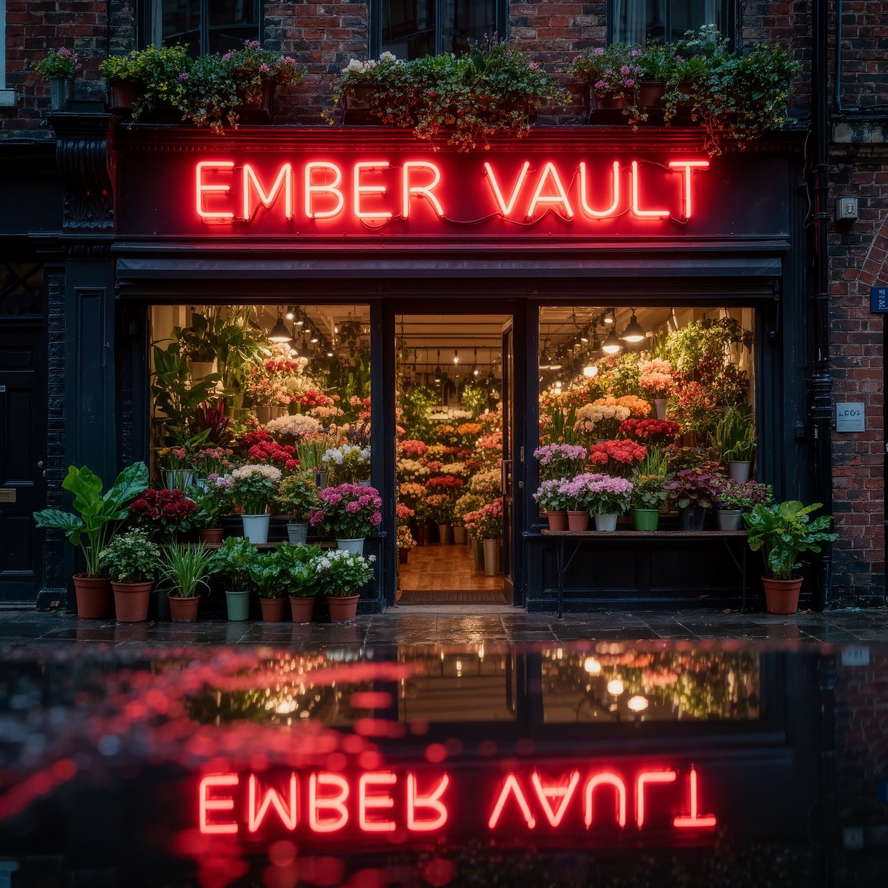 At dusk, a narrow flower shop with rain-dark brick, overflowing window boxes, and warm interior light; the invented name "EMBER VAULT" is rendered in red neon tubing above the entrance, reflected in puddles. — Kling v3 Omni