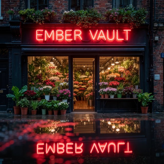 At dusk, a narrow flower shop with rain-dark brick, overflowing window boxes, and warm interior light; the invented name "EMBER VAULT" is rendered in red neon tubing above the entrance, reflected in puddles. — Kling v3 Omni