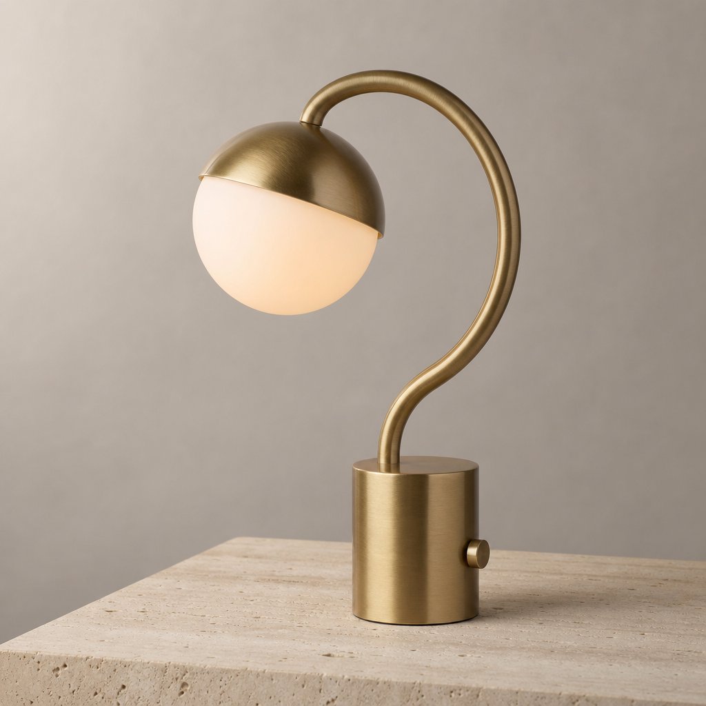 Commercial product photograph of an unbranded sculptural desk lamp made from brushed brass and opal glass, resting on pale travertine, against a warm gray background, with soft diffused light from upper left and gentle grounding shadow. — GPT Image 2