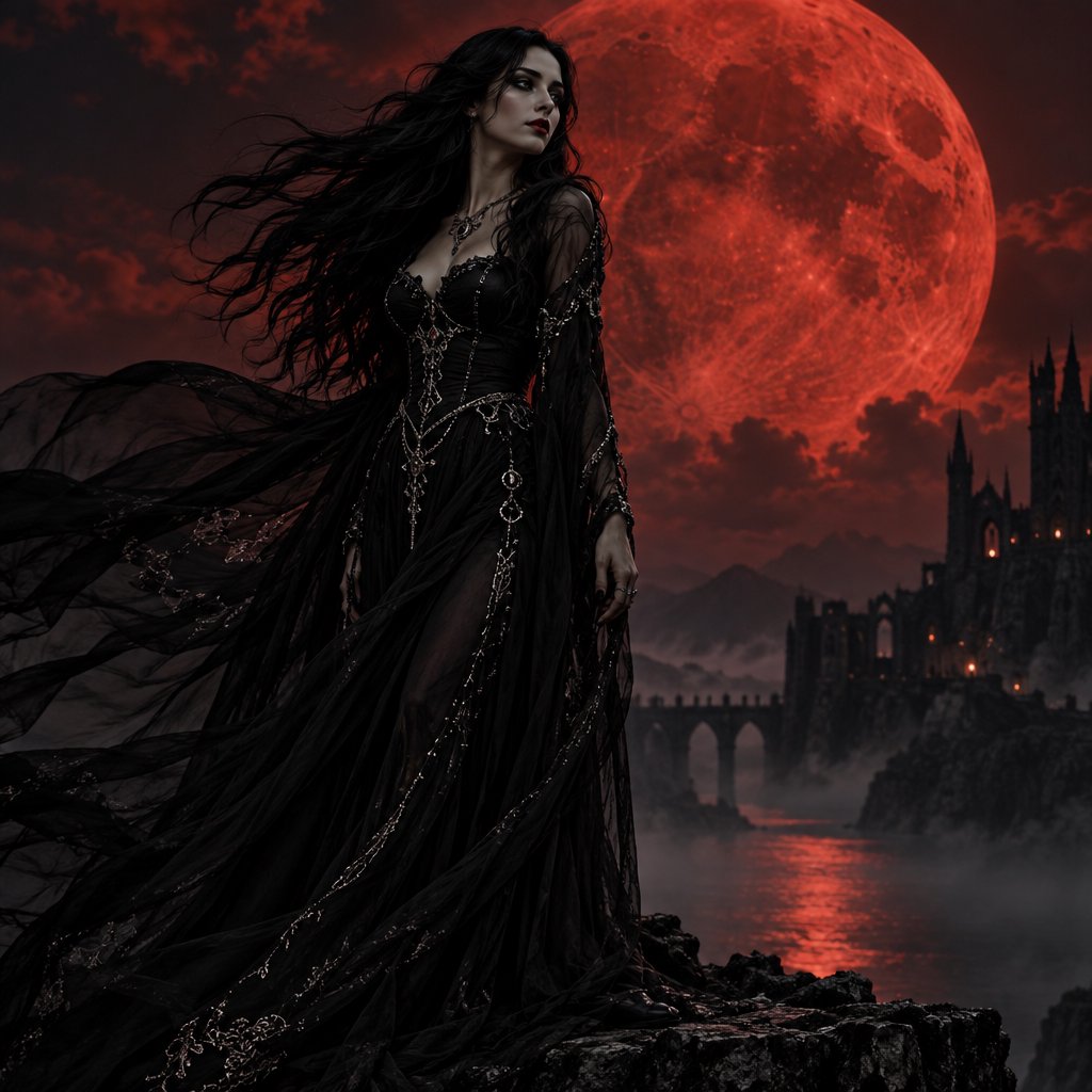 Captivating gothic goddess silhouetted against a blood red moon. Long dark hair blowing in a gentle breeze. Dramatic make-up. Ethereal black garment with silver details billowing in the breeze. Pensive expression. — GPT Image 2.5 Sunburst