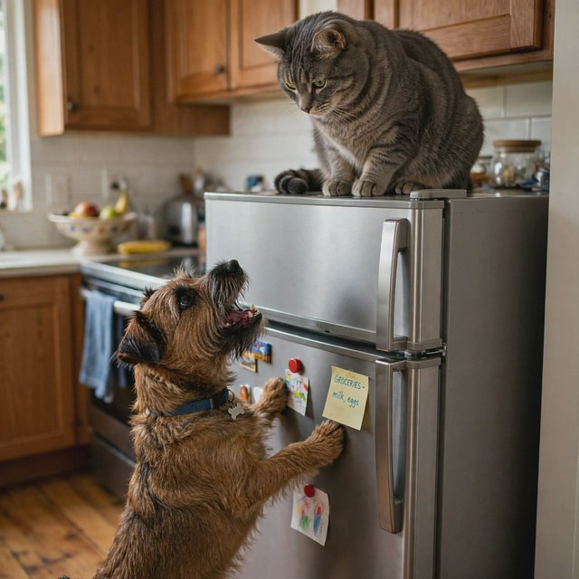 A cat sits on the top of a refrigerator calmly looking down at a barking dog. The dog is on his hind legs leaning on the fridge barking at the cat. — Muse Image 1.0