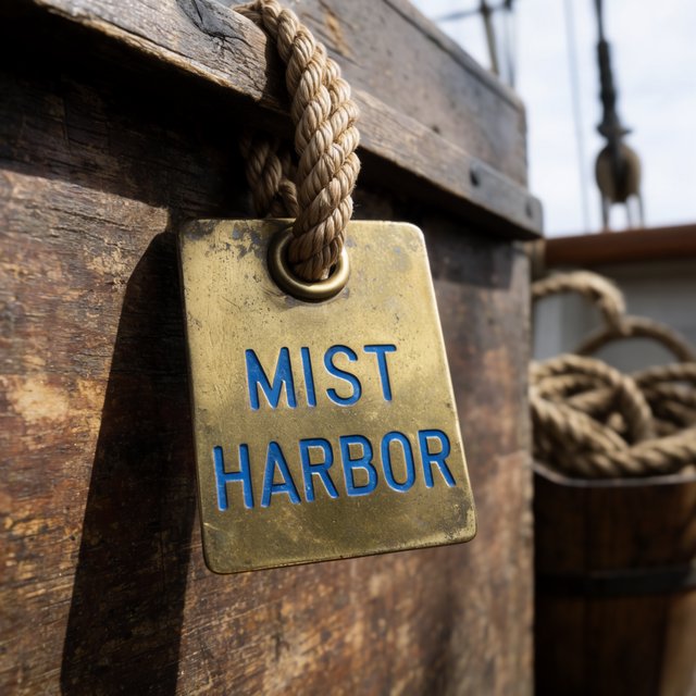 A brass luggage tag hangs from a weathered sea chest in a harbor loft, its face bearing “MIST HARBOR” in deeply stamped blue capitals; ropes and salt-crusted fittings surround it, with no other writing visible. — Krea 2 Large