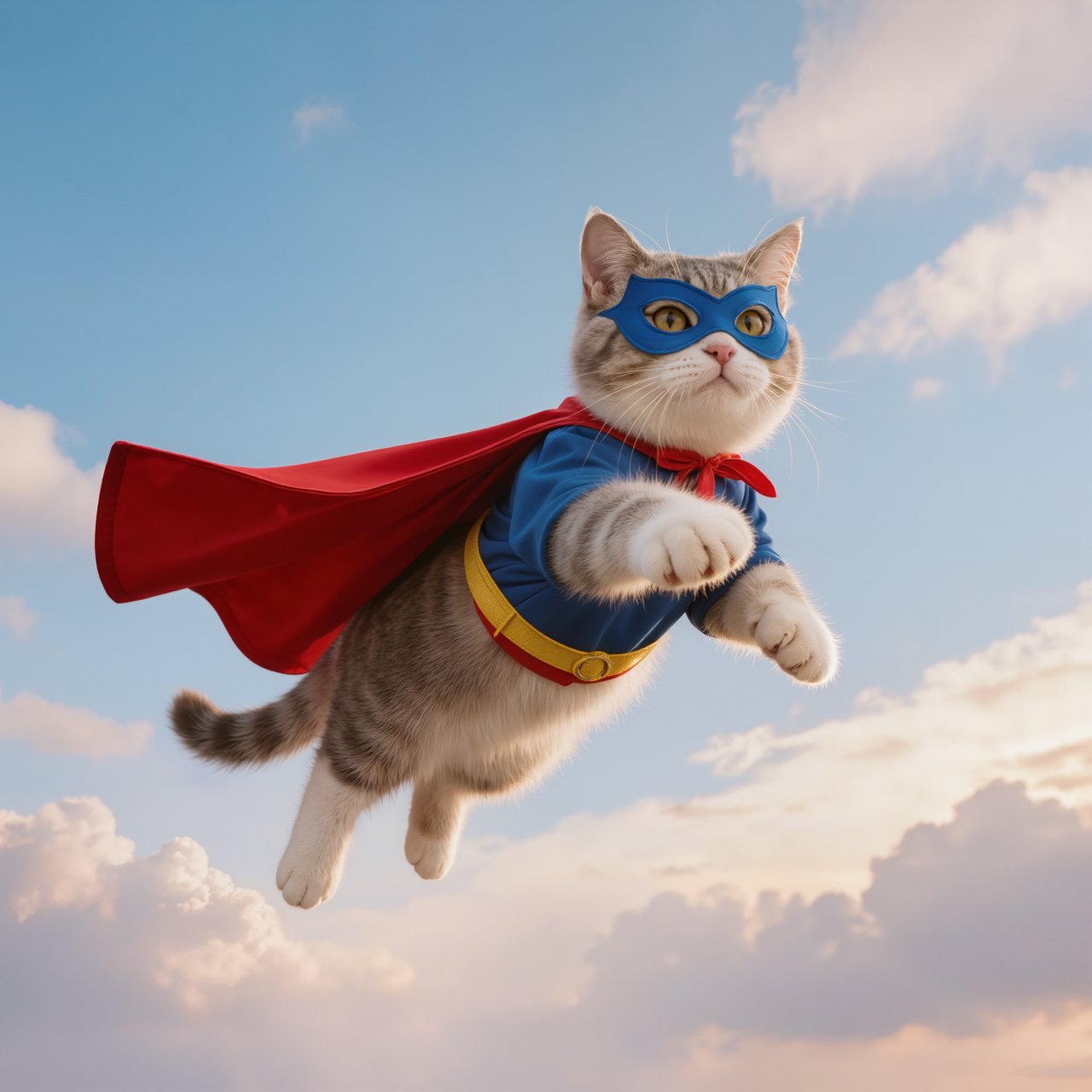 A cat flying in the sky wearing a super kitty costume. — Kling v3