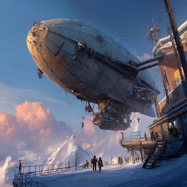 Concept art of a weathered cargo airship docking at a mountaintop station, crew tiny for scale, late afternoon light. — Midjourney v7