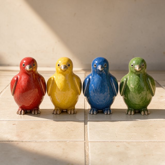 On a sunlit tiled ledge, exactly four ceramic bird figurines form a row: red at far left, yellow at left-center, blue at right-center, and green at far right; all face forward, nothing else. — FLUX 3 Image Klein