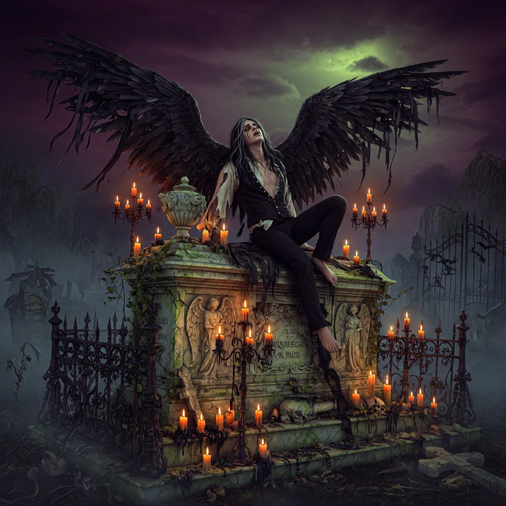 A majestic fallen angel with wings like a dark, tattered cloak, poses dramatically on a crumbling, Victorian-era inspired graveyard tomb, surrounded by twisted, black ironwork and flickering, orange candelabras, as if plucked from a haunting, nightmare. — Grok Imagine Image Quality