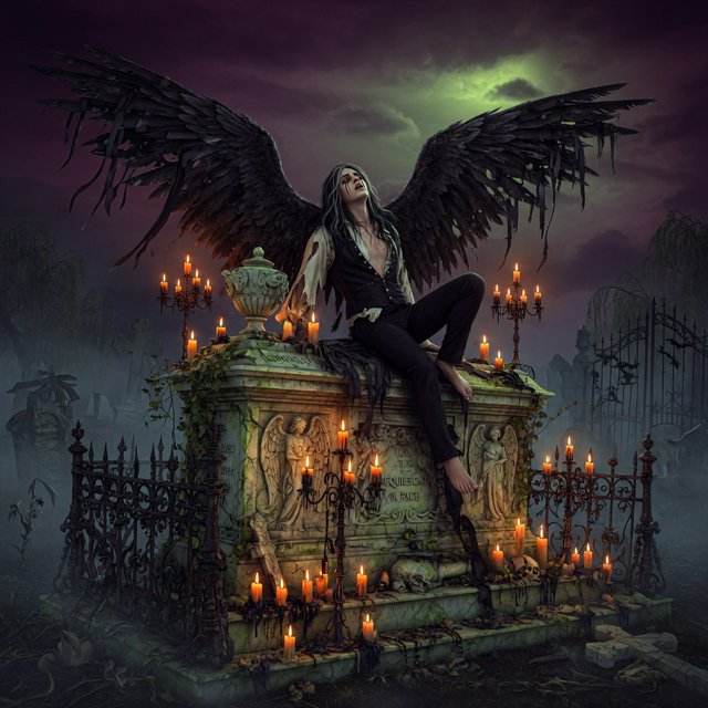 A majestic fallen angel with wings like a dark, tattered cloak, poses dramatically on a crumbling, Victorian-era inspired graveyard tomb, surrounded by twisted, black ironwork and flickering, orange candelabras, as if plucked from a haunting, nightmare. — Grok Imagine Image Quality