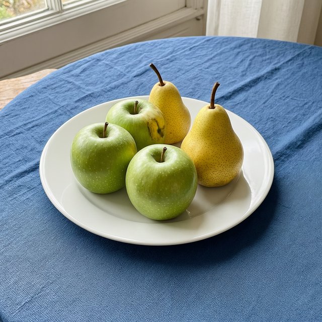 Exactly three green apples and two yellow pears on a white plate, the plate on a blue tablecloth, nothing else on the table. — Wan 2.7