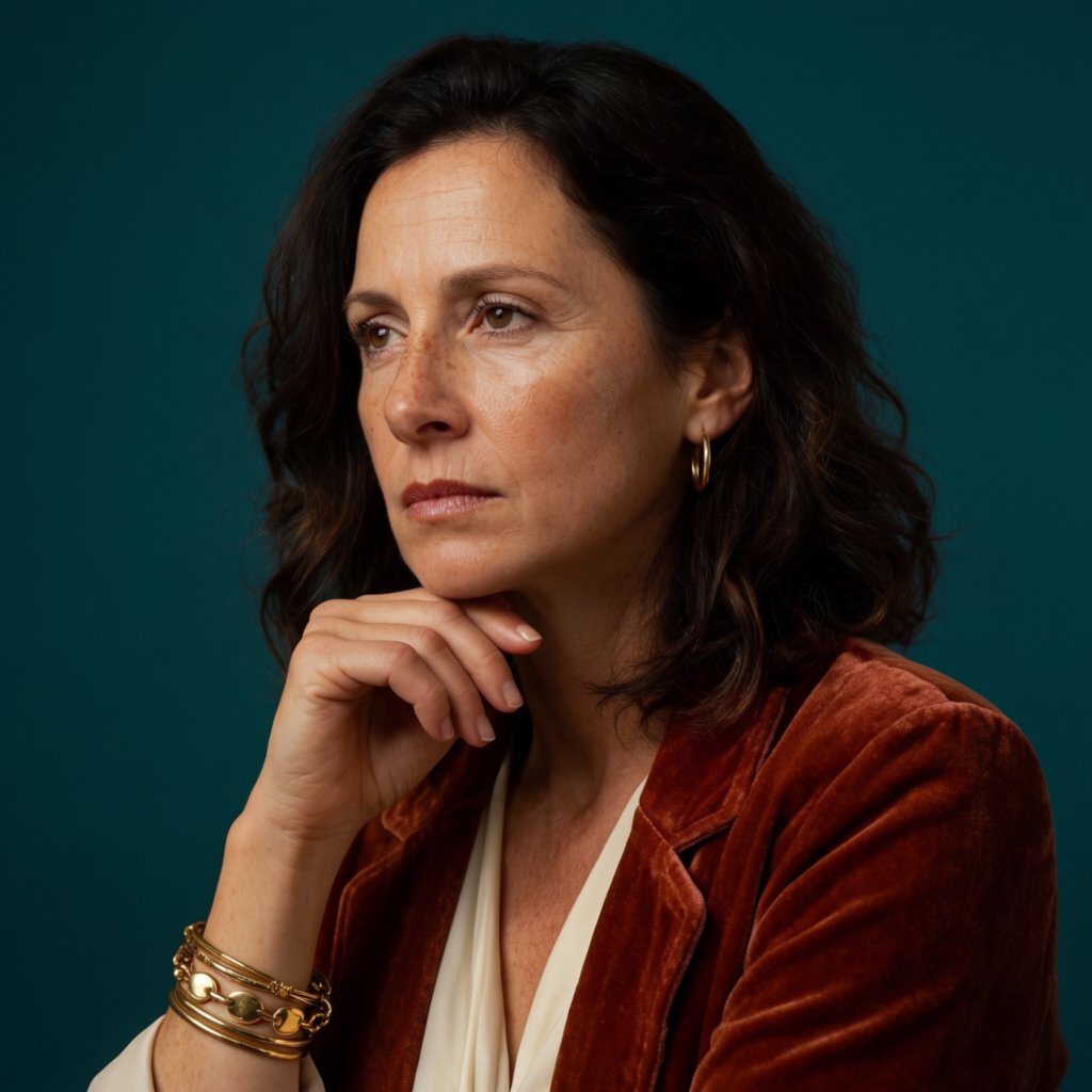Portrait of an adult woman in her 30s wearing a rust-colored velvet jacket over an ivory blouse, one hand resting beneath her chin, thoughtful expression, deep teal studio backdrop, soft side lighting and gentle cheek highlights. — Krea 2 Large