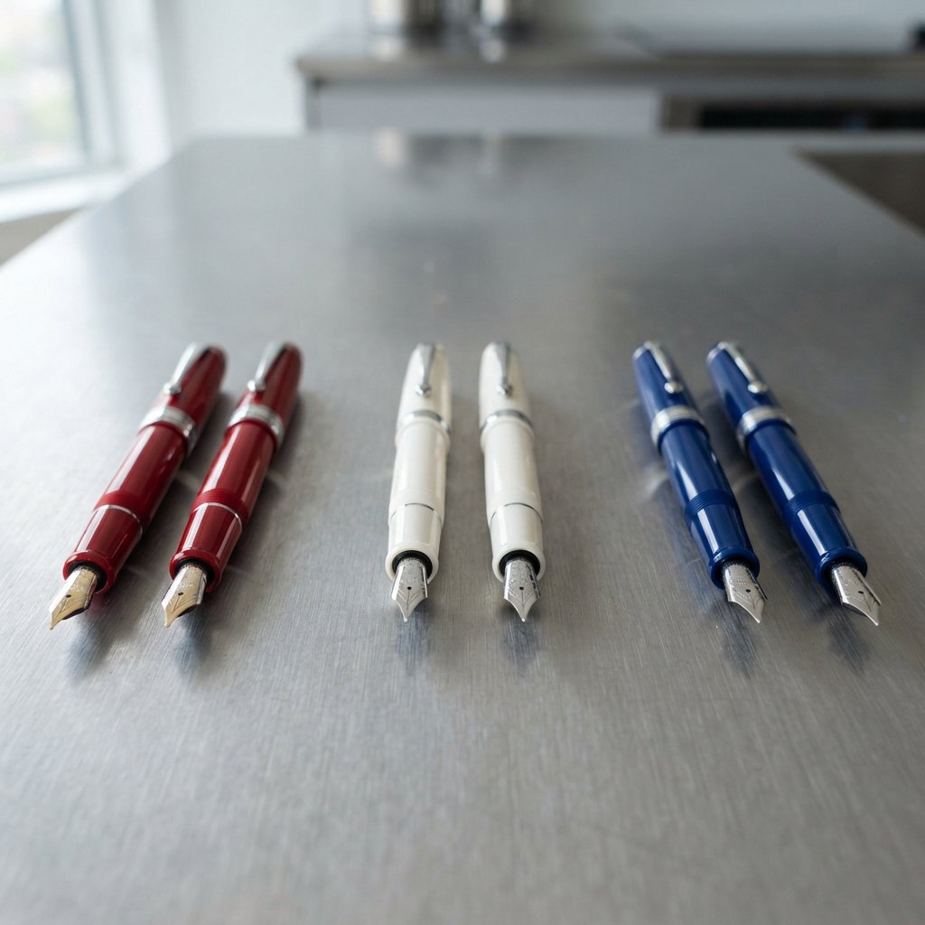 Across a brushed steel counter, exactly six fountain pens rest in three groups: two crimson pens on the left, two ivory pens in the center, and two cobalt pens on the right; nothing else. — Nano Banana 2 Lite