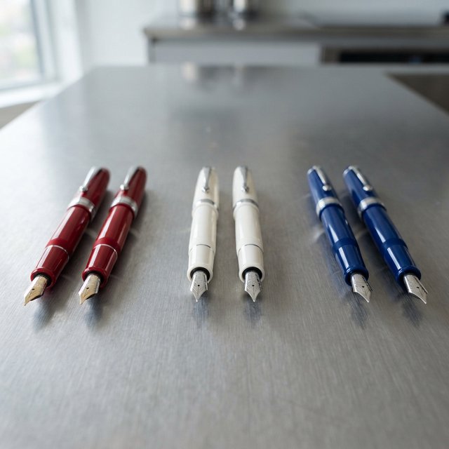 Across a brushed steel counter, exactly six fountain pens rest in three groups: two crimson pens on the left, two ivory pens in the center, and two cobalt pens on the right; nothing else. — Nano Banana 2 Lite