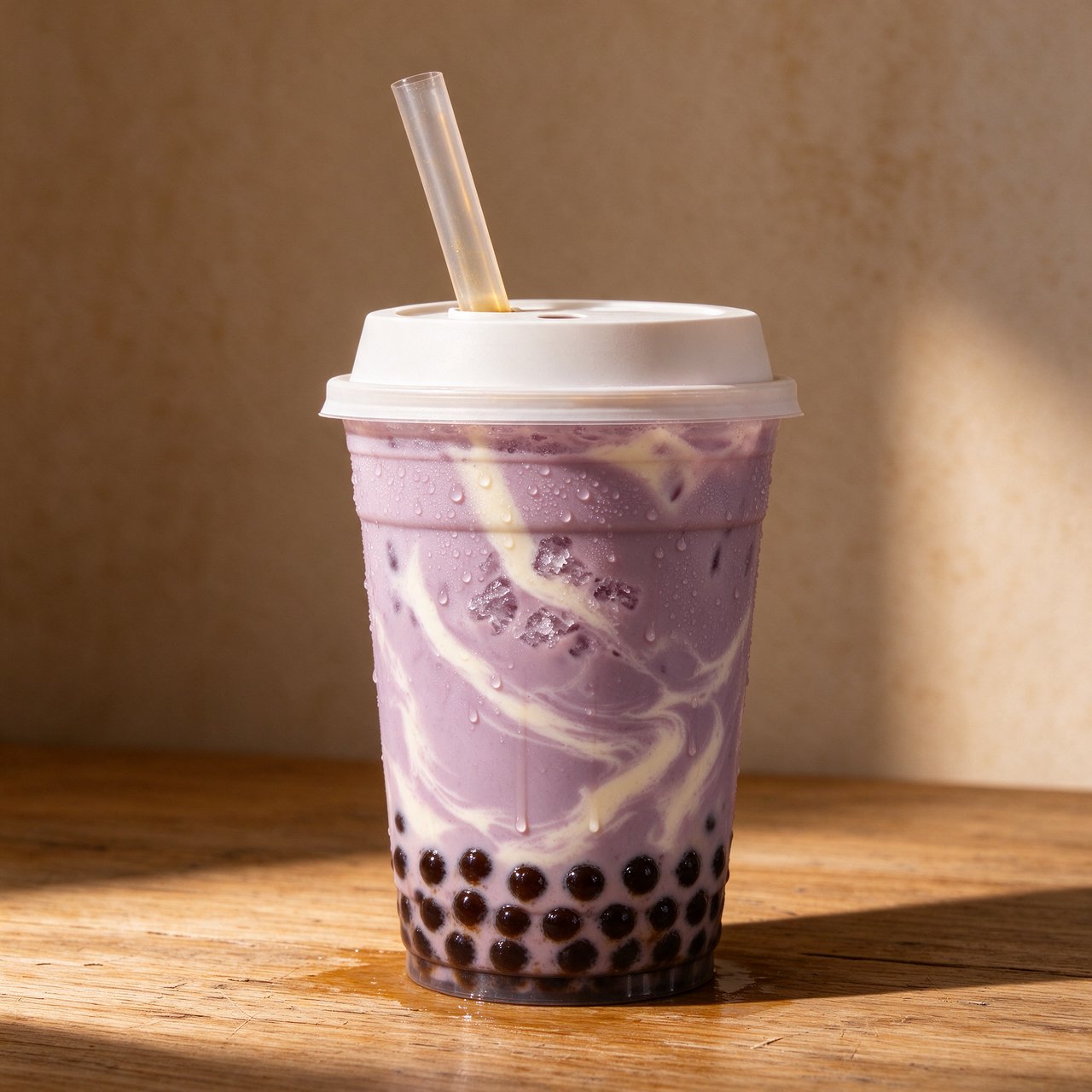 Photorealistic product shot of iced taro bubble tea in a clear frosted plastic cup, condensation beading down curved sides, wide clear straw piercing matte white domed lid. Plump dark brown tapioca pearls settled at the base, swirled creamy purple tea with soft marbled cream streaks, fine ice crystals glinting inside. Resting on weathered light oak table, soft golden hour side lighting casting gentle long shadows, warm neutral beige background. Shallow depth of field, sharp focus on glass texture and pearl details, professional food photography aesthetic, soft moody warm colour palette with rich lavender and caramel tones. — Seedream 5.0 Flash