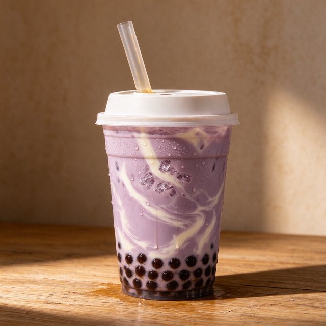 Photorealistic product shot of iced taro bubble tea in a clear frosted plastic cup, condensation beading down curved sides, wide clear straw piercing matte white domed lid. Plump dark brown tapioca pearls settled at the base, swirled creamy purple tea with soft marbled cream streaks, fine ice crystals glinting inside. Resting on weathered light oak table, soft golden hour side lighting casting gentle long shadows, warm neutral beige background. Shallow depth of field, sharp focus on glass texture and pearl details, professional food photography aesthetic, soft moody warm colour palette with rich lavender and caramel tones. — Seedream 5.0 Flash