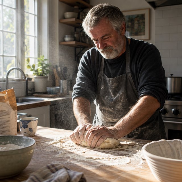 Documentary photo of a home kitchen mid-morning, flour dust in a shaft of window light, an older man kneading dough, natural light only. — GPT Image 2.5 Sunburst