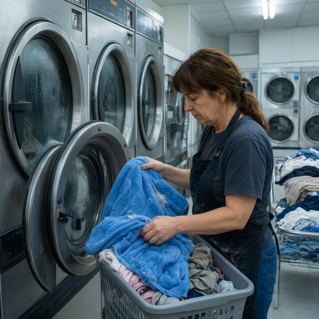 Candid documentary photograph of an adult laundromat attendant sorting warm clothes beside humming machines, cool fluorescent light, 50mm lens with moderate depth of field, loose lint clinging to a blue towel and faint condensation on the glass doors. — Qwen Image 3.0