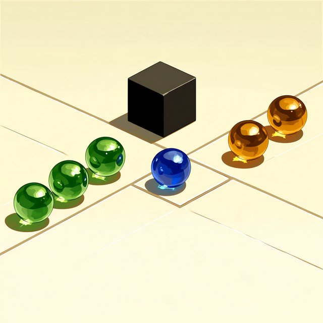 Exactly six glass marbles sit on a cream tabletop: three green marbles in a row on the left, two amber marbles in a row on the right, and one blue marble centered between the rows. A black cube sits above the blue marble, nothing else. — Midjourney Niji 7
