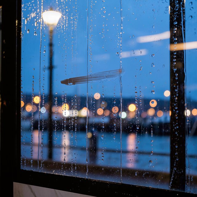 Raindrops crawl down a bus shelter pane, warping blurred harbor lights beyond. A handheld evening street snapshot in cool sodium glow, shot at 50mm with shallow depth of field, catches tiny water trails and a faint wipe mark. — Kling v3