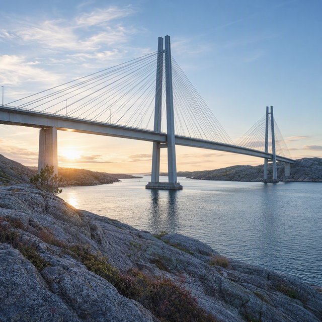 Across a sheltered coastal inlet, a contemporary high-tech cable-stayed bridge spans between granite shores, its slender steel pylons and pale concrete deck catching cool sunrise light; viewed from a rocky bank, straight lines and credible engineering define the scene. — GPT Image 2