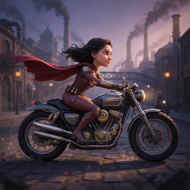 A modeled 3D character design featuring exaggerated, caricatured proportions and a striking silhouette—combined with subtle, nuanced skin shading and warm, cinematic rim lighting—creates an elegant aesthetic reminiscent of modern animated films. The result is a polished, stylized rendering characterized by rich color depth, expressive caricatured facial features, painterly texture details, and a dramatic, theatrical atmosphere typical of contemporary animation. An adult female superhero with a flowing cape on a moving motorcycle. Dieselpunk style. — Ideogram v4