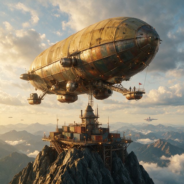 Concept art of a weathered cargo airship docking at a mountaintop station, crew tiny for scale, late afternoon light. — Seedream 5.0 Pro