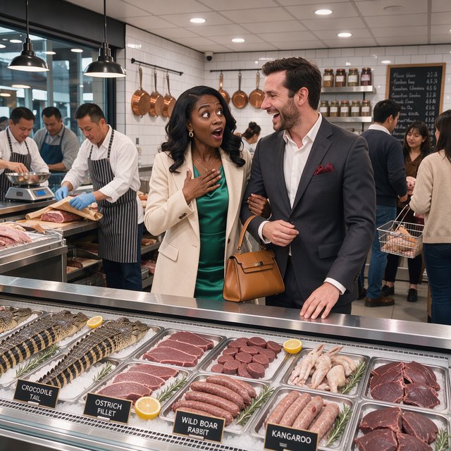 Glamorous adult couple browsing an exotic meat market. The woman has a look of pure surprise at what is on sale. The man just laughs at her reaction! The market is busy and well lit. — FLUX 3 Image