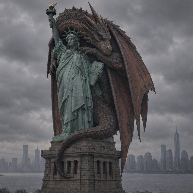 A dragon sleeping on the Statue of Liberty on a moody, overcast day. — GPT Image 2.5 Sunburst