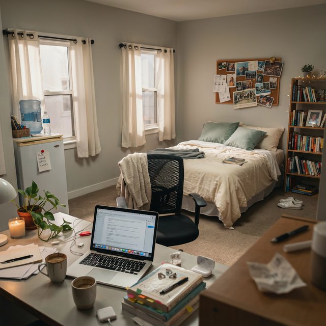 A dorm room belonging to an adult woman, photographed with a cell phone. The camera is sitting on a desk facing the empty chair and the rest of the room. — Ideogram v4