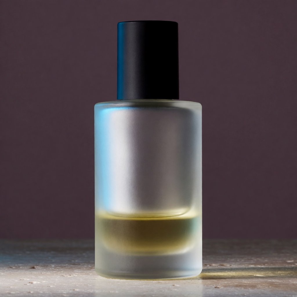 Under a broad diffused key and cool edge light, an unbranded frosted-glass serum bottle displays clear golden oil against a muted plum background, resting on honed pale travertine with its blank surface free of lettering. — Krea 2 Medium