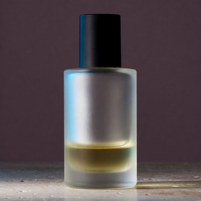 Under a broad diffused key and cool edge light, an unbranded frosted-glass serum bottle displays clear golden oil against a muted plum background, resting on honed pale travertine with its blank surface free of lettering. — Krea 2 Medium