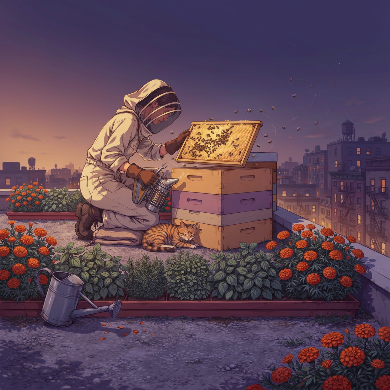 Cel-shaded anime illustration of an adult rooftop beekeeper tending lively hives among marigolds and herbs at dusk, with bees drifting past distant windows. Palette of saffron, violet, mint, and midnight blue, crisp contours and gentle gradients. — Ideogram v4