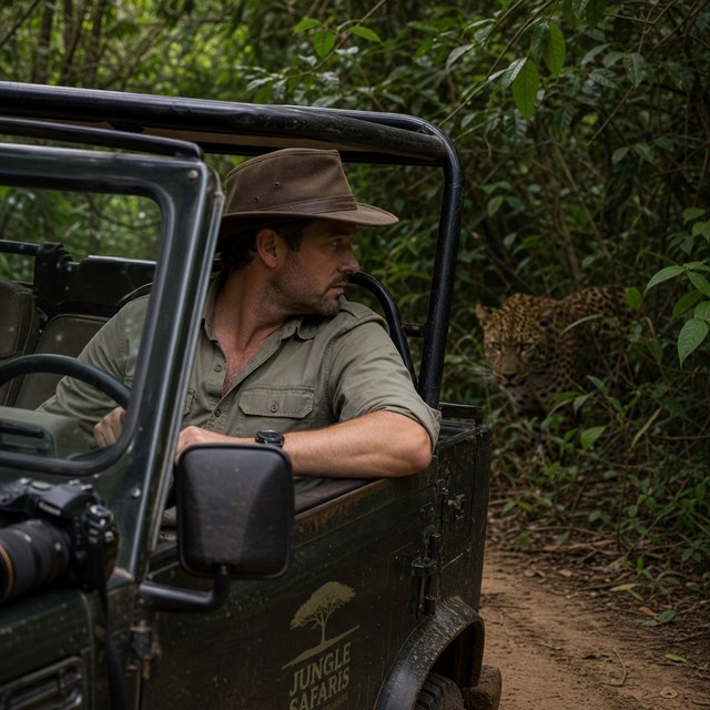 An adult on a jungle safari in his car, with a leopard lurking behind him in the bushes — GPT Image 2