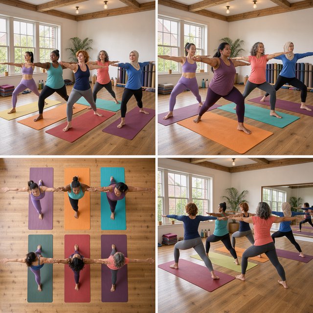 A realistic image of a group of adult women at a yoga class. Women of many races, with slim, curvy, and other body types, all wearing yoga wear, all on colorful yoga mats, all posing, with many angles and POVs. 3–6 angles. — FLUX 3 Image