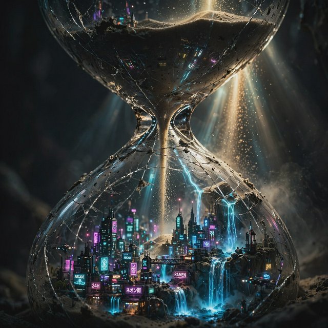 A macro close-up of a miniature glowing cyberpunk city built entirely inside a hollow cracked hourglass, tiny illuminated skyscrapers, flowing neon waterfalls, volumetric light rays piercing through sand, dark moody cinematic lighting, photorealistic depth of field — Muse Image 1.0