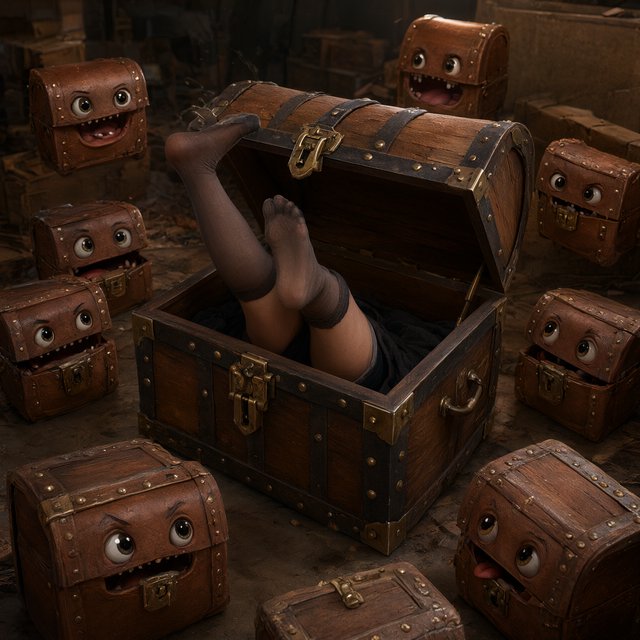 An adult swallowed by an inert mimic chest, with their legs in stockings sticking out of the chest and kicking around. A bunch of envious, cute mimic chests surround it, looking obviously jealous. — Qwen Image 3.0 Pro