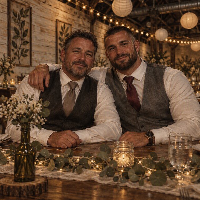 (Character1: rugby player body type, tall, brunet male, age 30, buzzcut hair and neatly groomed matching beard). Medium eye-level shot, photorealistic, two men seated at a wooden banquet table: the left middle-aged man wears a white dress shirt, charcoal waistcoat, and taupe tie, with his right arm on the table; the right man, Character1, smiles directly at the camera, wearing a white dress shirt, grey waistcoat, maroon tie, and a watch on his left wrist, with his left arm draped over the first man's shoulder. In the foreground: a table runner with eucalyptus sprigs, small fairy lights, a bottle holding flowers, a glass jar, and a water glass. Background: an exposed light horizontal wood plank wall with two decorative leaf panels, an exposed industrial ceiling with hanging paper lanterns, and fairy string lights. Warm, soft ambient overhead event lighting, natural indoor venue atmosphere, shallow depth of field. Art style: dramatic painterly realism with realistic skin texture, strong chiaroscuro, slightly gritty textured brushwork, fantasy illustration mood. — GPT Image 2.5 Sunburst