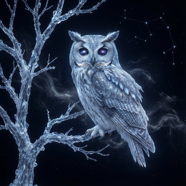 An ethereal owl with feathers made of shimmering moonlight and eyes like miniature galaxies, perched on a branch of a crystalline tree that grows in a void. Wisps of cosmic dust drift around it, and faint constellations are visible in the background. The scene evokes a sense of profound tranquility and celestial mystery. Style: Ethereal, surrealism, with a touch of photorealism. — Qwen Image 3.0 Pro