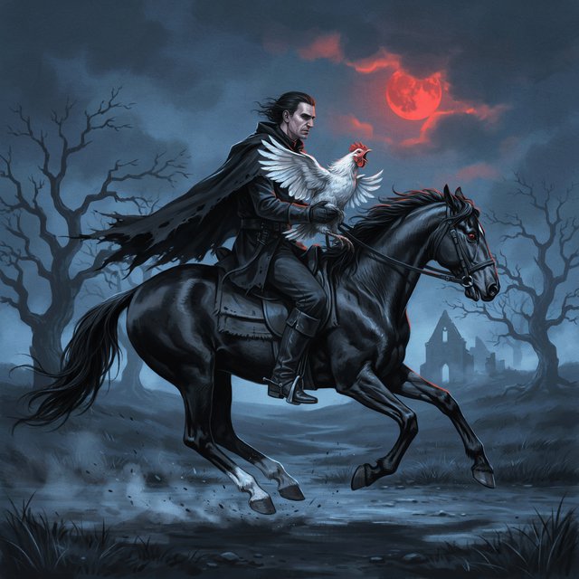 A man riding a horse, holding a screaming chicken, in dark gothic fantasy. — Model 6
