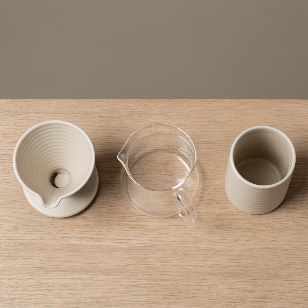 From directly overhead, an unbranded pour-over coffee set with ribbed porcelain and clear borosilicate components arranged in sequence on pale oak; warm taupe background, broad diffused softbox light and gentle side fill shape this commercial product image, no lettering. — Krea 2 Large