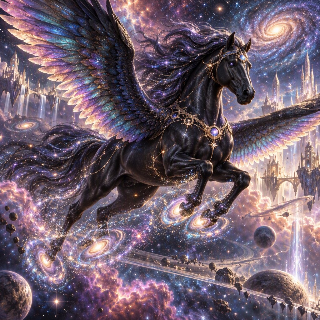 A majestic winged horse, with iridescent feathers and a coat like polished obsidian, is soaring through a celestial realm filled with nebulae and shimmering stardust. Around its hooves, tiny galaxies spiral outwards. The style is reminiscent of intricate fantasy illustration, with glowing, ethereal colors and a sense of deep cosmic wonder — GPT Image 2.5 Sunburst