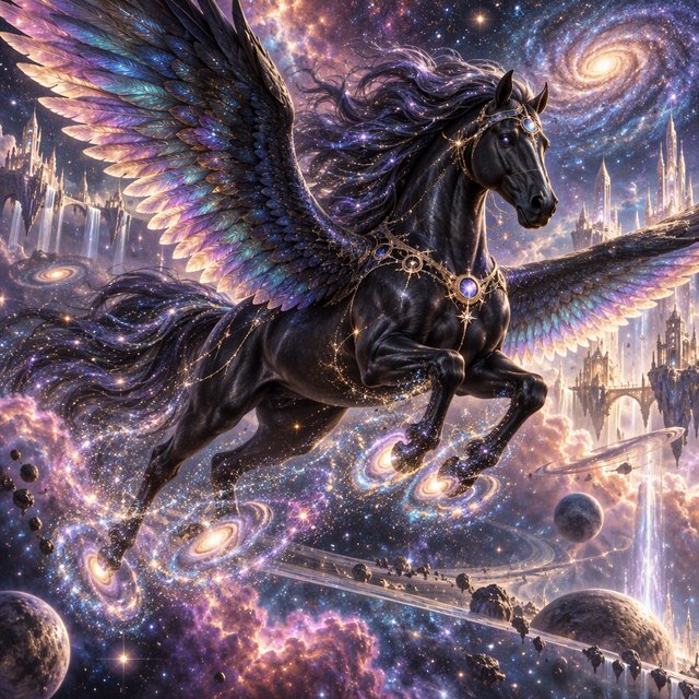 A majestic winged horse, with iridescent feathers and a coat like polished obsidian, is soaring through a celestial realm filled with nebulae and shimmering stardust. Around its hooves, tiny galaxies spiral outwards. The style is reminiscent of intricate fantasy illustration, with glowing, ethereal colors and a sense of deep cosmic wonder — GPT Image 2.5 Sunburst