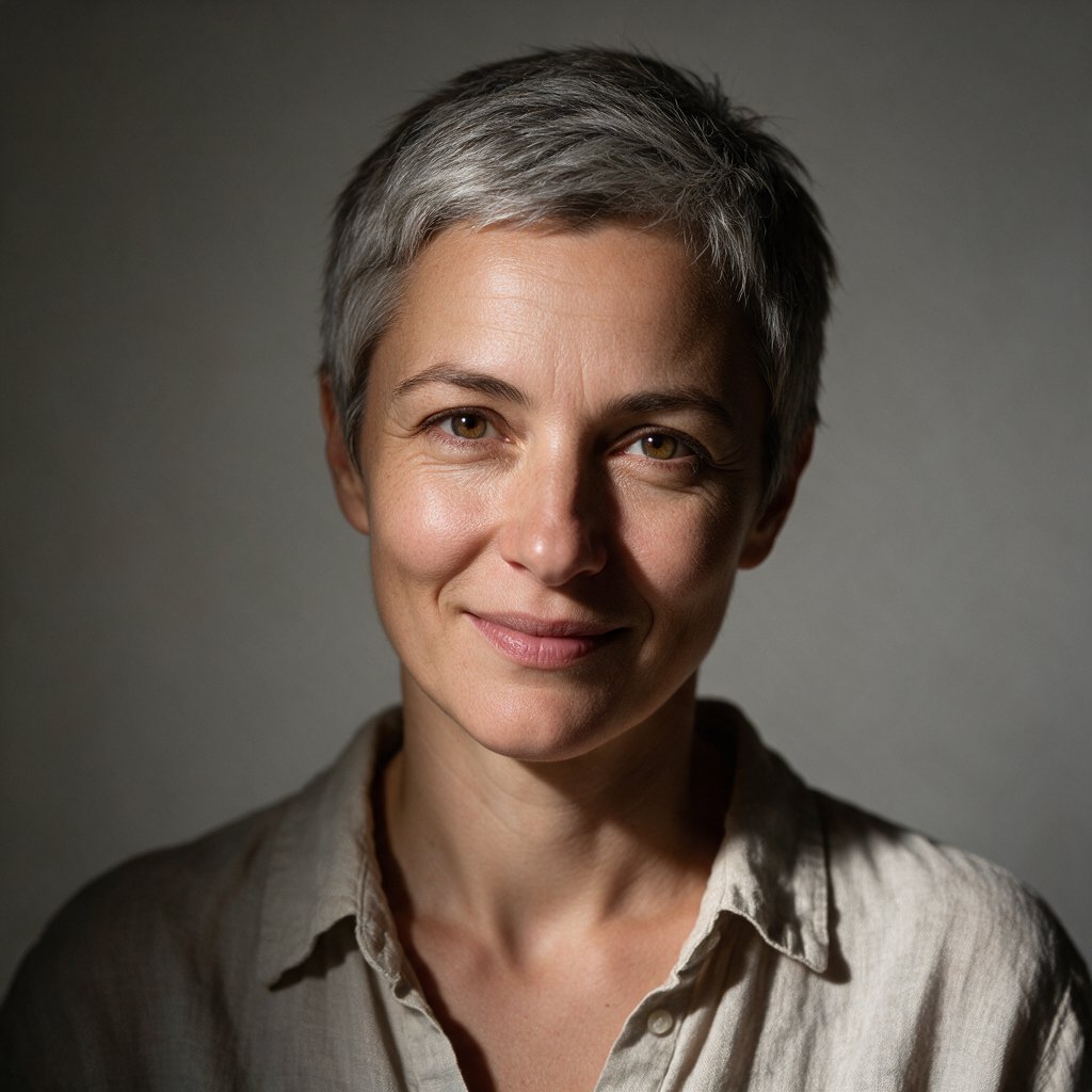 Studio portrait of a woman in her 40s with short grey hair and a linen shirt, Rembrandt lighting, neutral grey backdrop, slight smile. — Seedream 5.0 Pro