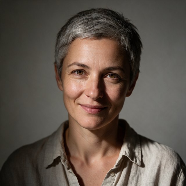 Studio portrait of a woman in her 40s with short grey hair and a linen shirt, Rembrandt lighting, neutral grey backdrop, slight smile. — Seedream 5.0 Pro