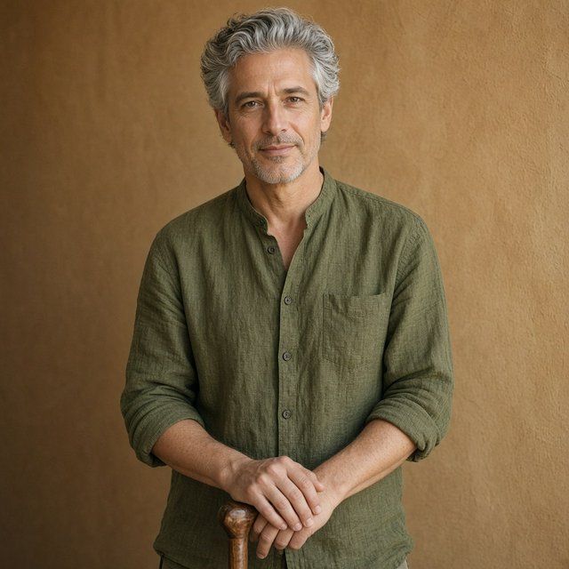 Portrait photograph of an adult man in his 40s with silver-streaked hair, wearing a textured olive linen shirt and rolled sleeves, hands resting on a wooden cane, relaxed expression, ochre plaster backdrop, soft window light from the side. — Grok Imagine Image 2